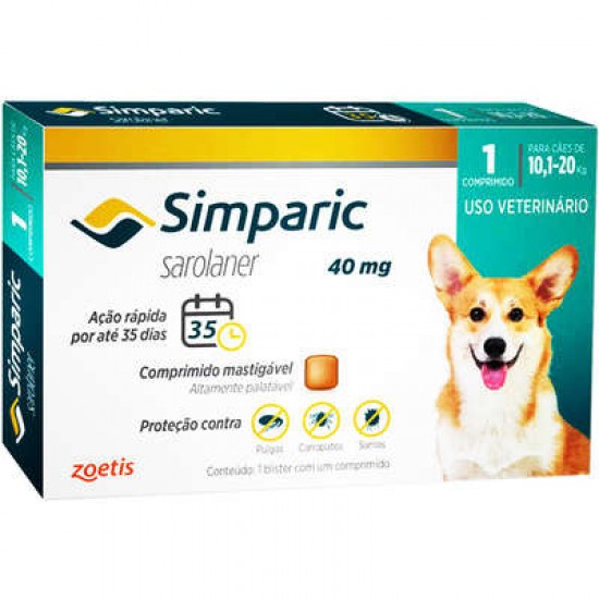 Antipulgas Simparic 40 mg Cães 10,1 a 20 kg Zoetis - 1 Comprimido